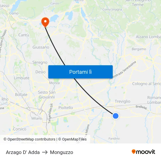 Arzago D' Adda to Monguzzo map