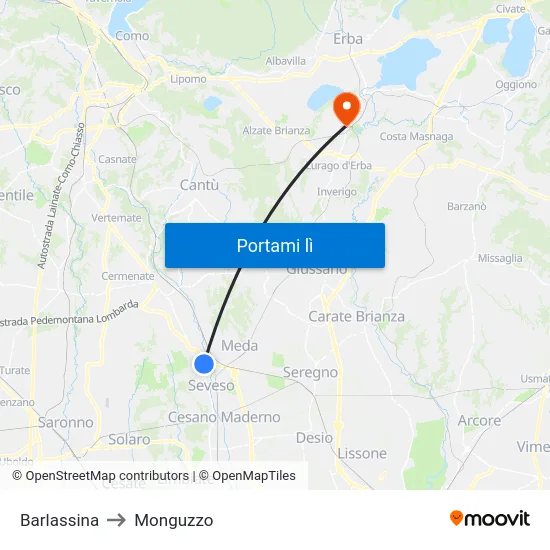 Barlassina to Monguzzo map