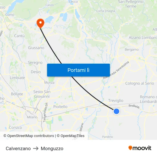 Calvenzano to Monguzzo map