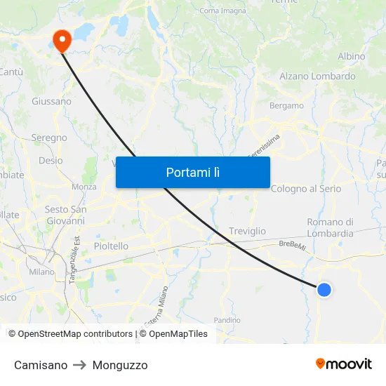 Camisano to Monguzzo map