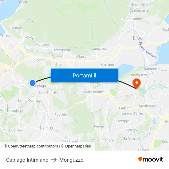 Capiago Intimiano to Monguzzo map