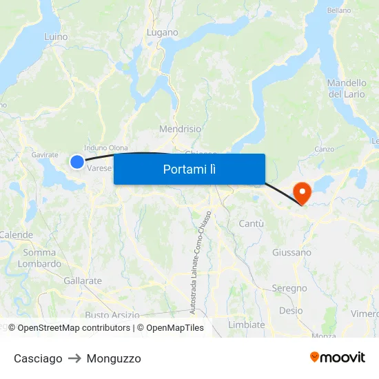 Casciago to Monguzzo map