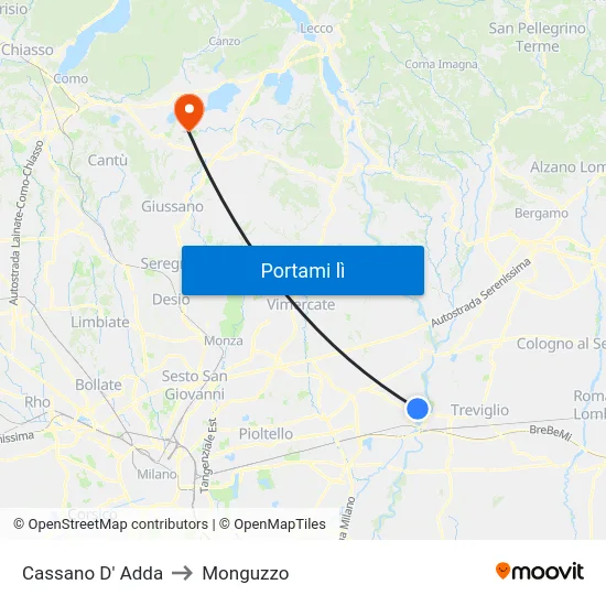 Cassano D' Adda to Monguzzo map