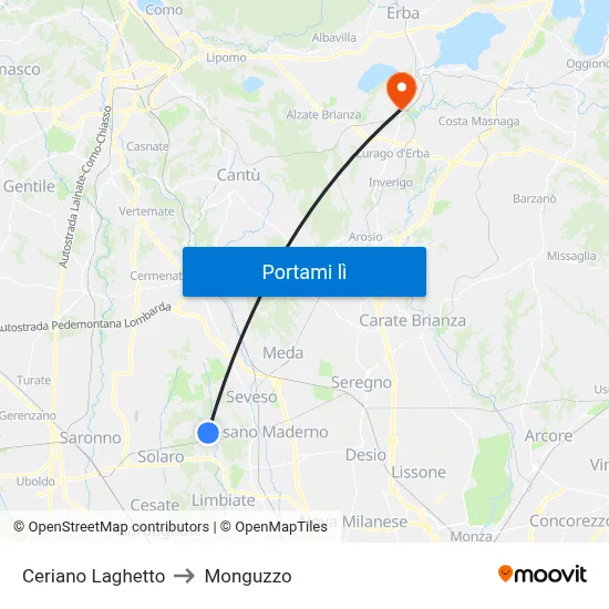 Ceriano Laghetto to Monguzzo map