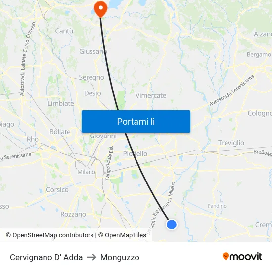 Cervignano D' Adda to Monguzzo map
