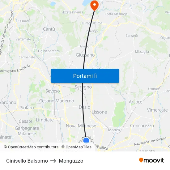 Cinisello Balsamo to Monguzzo map