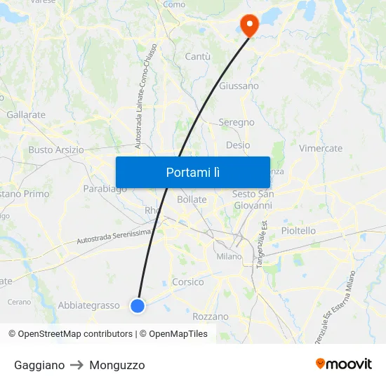 Gaggiano to Monguzzo map