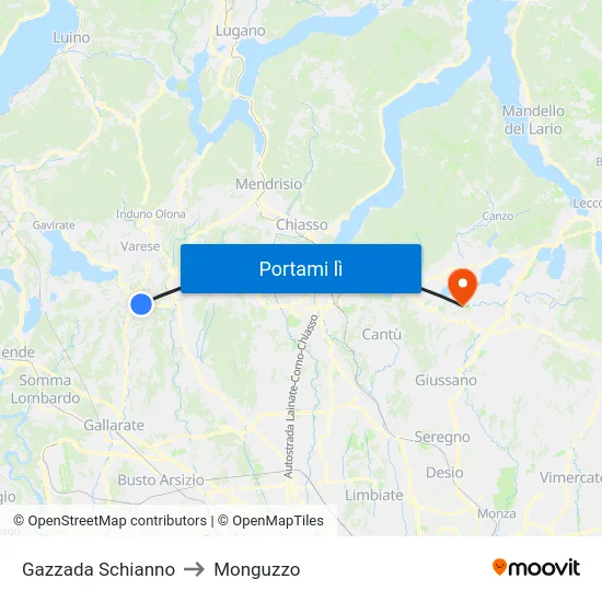 Gazzada Schianno to Monguzzo map