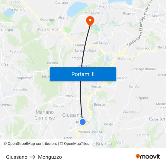 Giussano to Monguzzo map