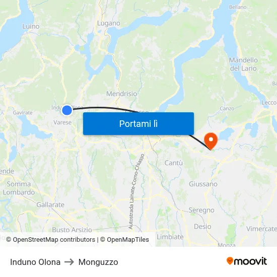 Induno Olona to Monguzzo map