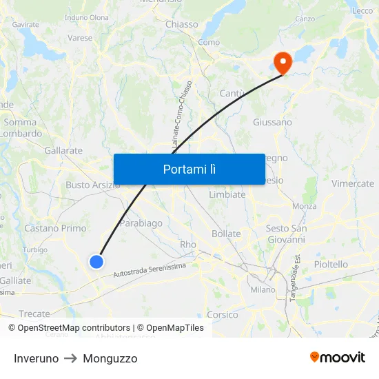 Inveruno to Monguzzo map