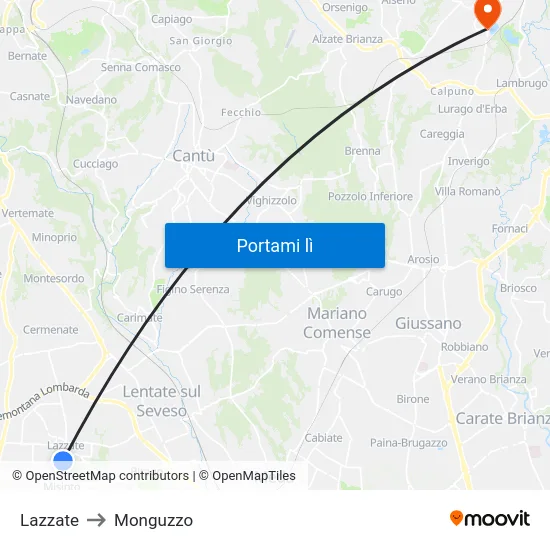 Lazzate to Monguzzo map