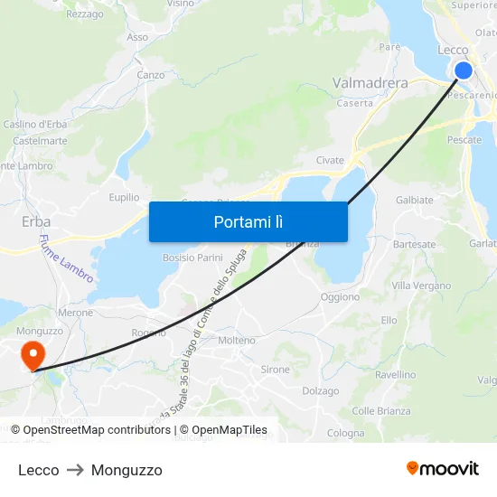 Lecco to Monguzzo map