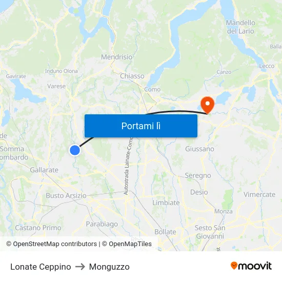 Lonate Ceppino to Monguzzo map