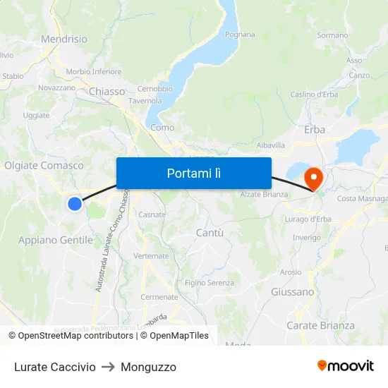 Lurate Caccivio to Monguzzo map