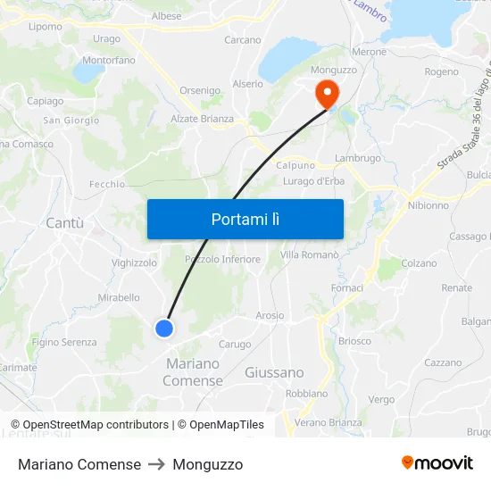 Mariano Comense to Monguzzo map