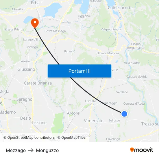 Mezzago to Monguzzo map