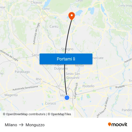 Milano to Monguzzo map