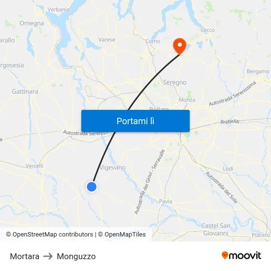Mortara to Monguzzo map