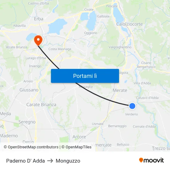 Paderno D' Adda to Monguzzo map