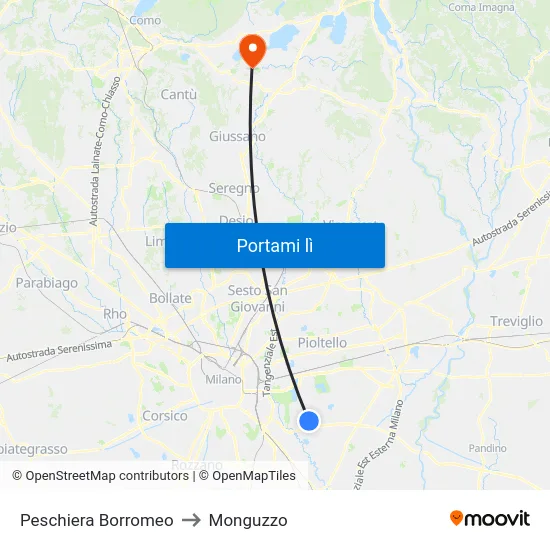 Peschiera Borromeo to Monguzzo map