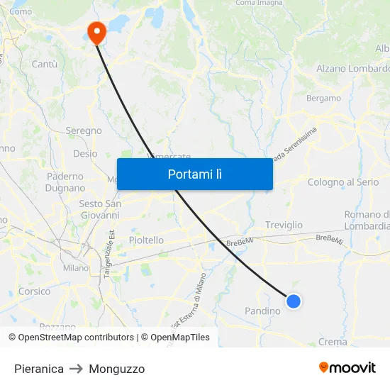 Pieranica to Monguzzo map