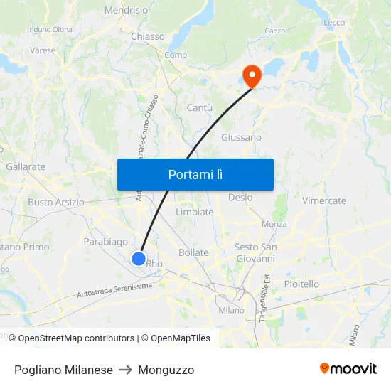 Pogliano Milanese to Monguzzo map