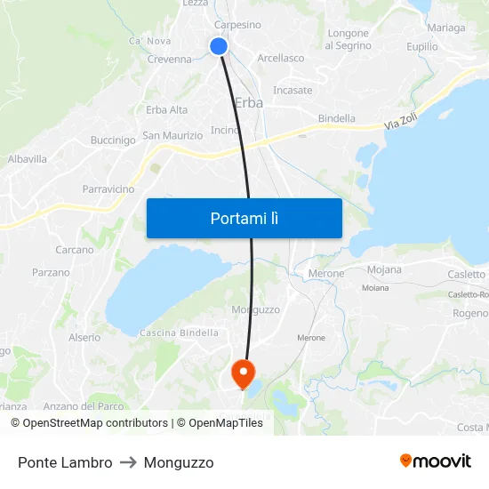 Ponte Lambro to Monguzzo map