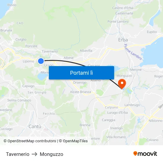 Tavernerio to Monguzzo map