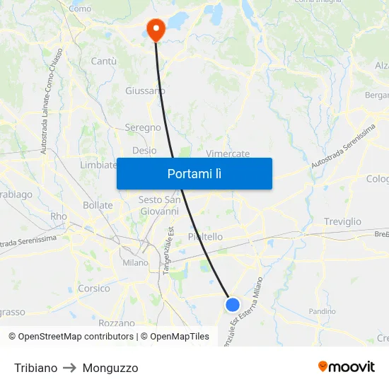 Tribiano to Monguzzo map