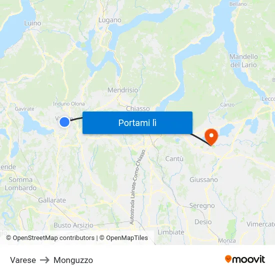 Varese to Monguzzo map