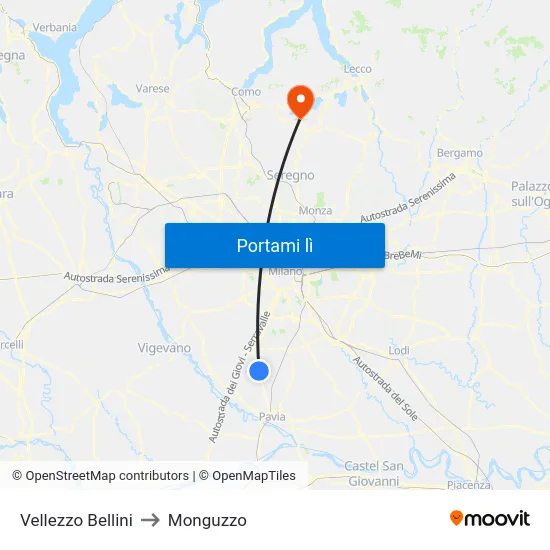 Vellezzo Bellini to Monguzzo map