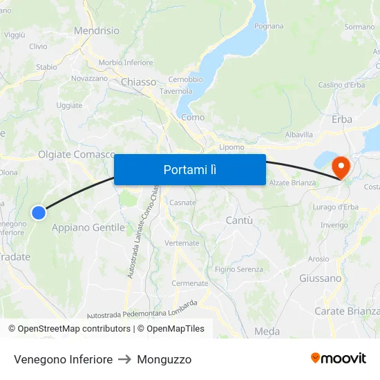 Venegono Inferiore to Monguzzo map