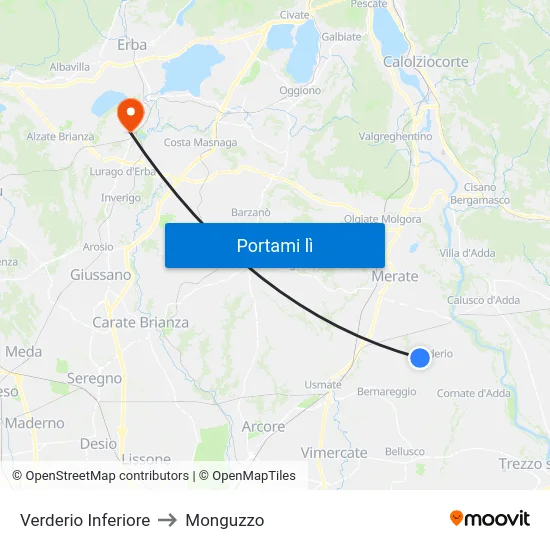 Verderio Inferiore to Monguzzo map