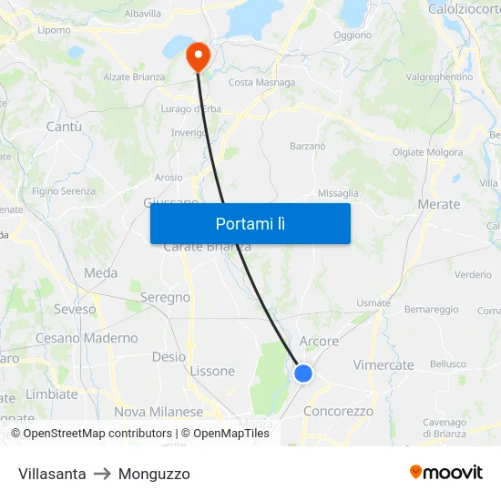 Villasanta to Monguzzo map