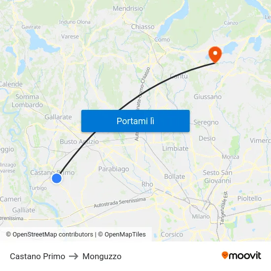Castano Primo to Monguzzo map