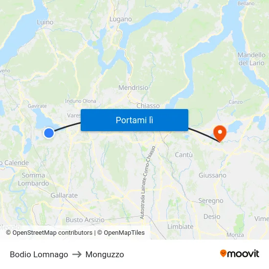 Bodio Lomnago to Monguzzo map
