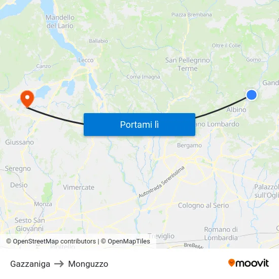 Gazzaniga to Monguzzo map
