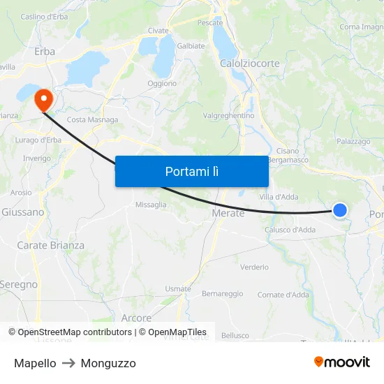 Mapello to Monguzzo map