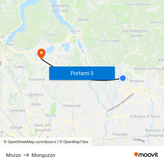Mozzo to Monguzzo map