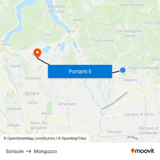 Sorisole to Monguzzo map