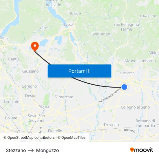 Stezzano to Monguzzo map