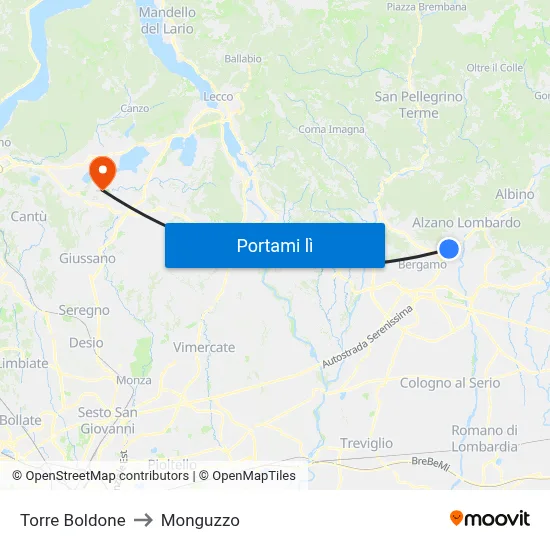 Torre Boldone to Monguzzo map