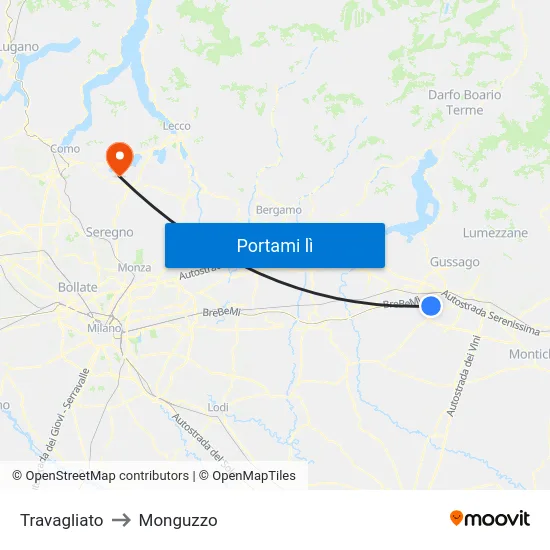 Travagliato to Monguzzo map