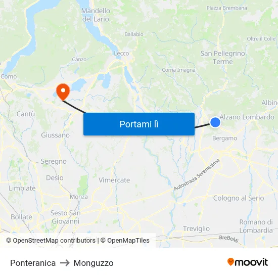 Ponteranica to Monguzzo map