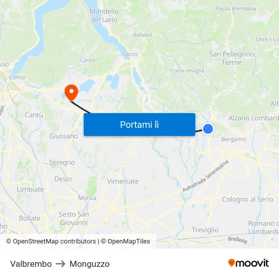 Valbrembo to Monguzzo map