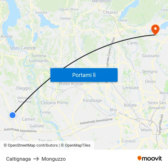 Caltignaga to Monguzzo map