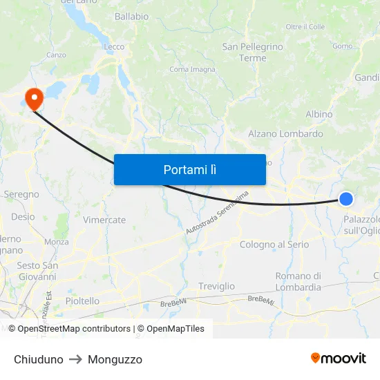 Chiuduno to Monguzzo map