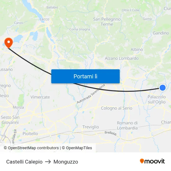 Castelli Calepio to Monguzzo map