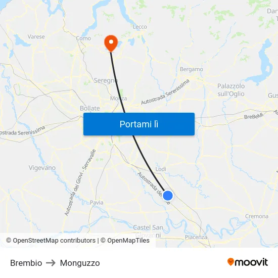 Brembio to Monguzzo map